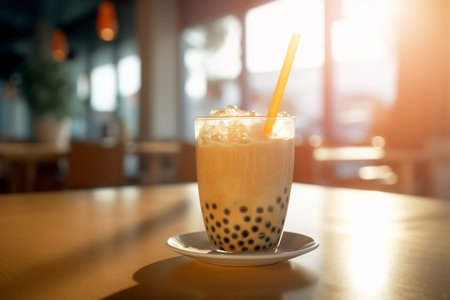 Bubble milk ice tea in glass on the table.の素材