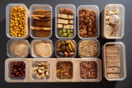 Food in eco-friendly containers. Food delivery for home or office. Vegetable, fruit salads and noodles.の素材