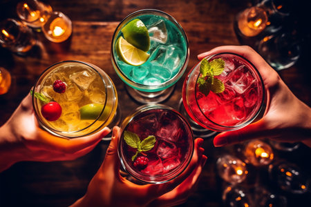 People hands holding different colored cocktails with ice in the bar. Top view.の素材