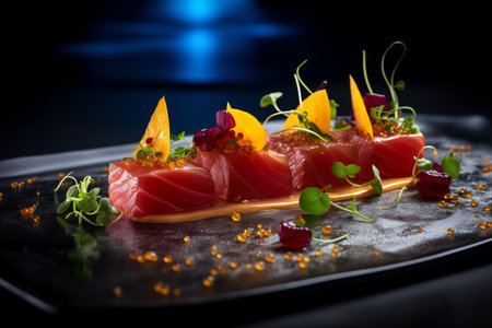 Gourmet tuna fish dish on a plate in restaurant.の素材