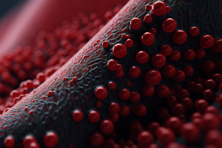 Red balls on a surface. Black and red background.の素材