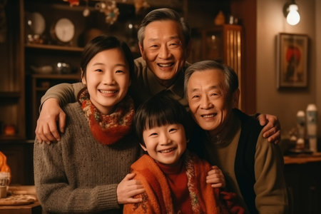 Three generation asian family gathering at home.の素材