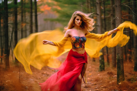Charming girl with bright red hair joyfully dances near summer forest.の素材