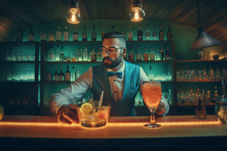 Young smiling bartender on the workplace. Shelves with bottles of alcohol in the background.の素材