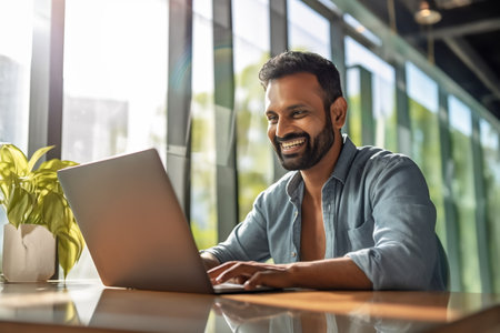 Indian man using laptop on the table near big window. Texting on laptop sending message or chatting with online social media.の素材