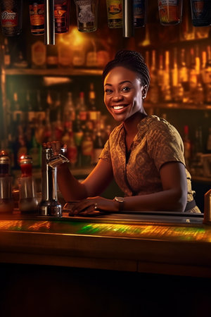 Young smiling african bartender on the workplace. Shelves with bottles of alcohol in the background.の素材