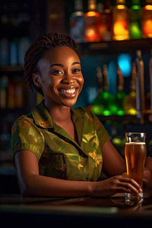 Young smiling african bartender on the workplace. Shelves with bottles of alcohol in the background.の素材