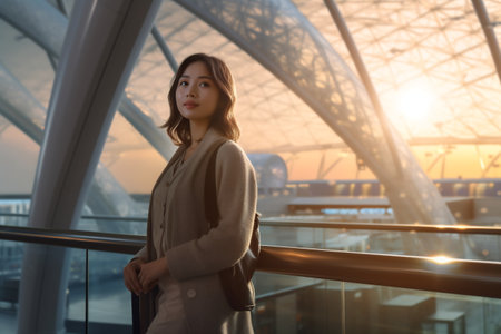 Young woman at the airport window looking to the planes.の素材
