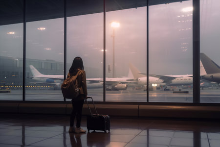 Young woman at the airport window looking to the planes.の素材