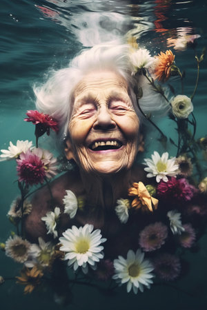 Portrait of elder beautiful woman with many flowers underwater.の素材