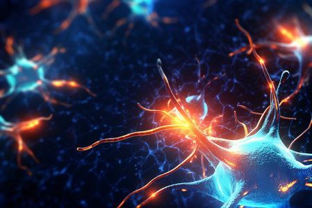 Neuronal network with electrical activity of neuron cells. Neuroscience, neurology, nervous system and impulse, brain activity, microbiology concepts. Artist vision.の素材