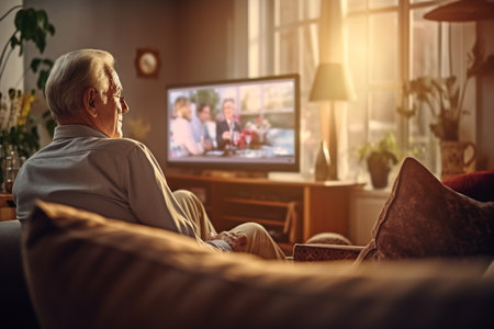 Elder man watching TV or movie on couch in Livingroom.の素材