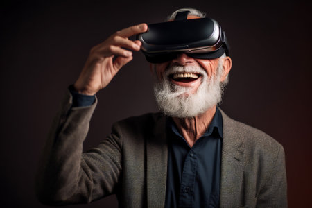 Senior man having fun with virtual reality glasses. Old people using new headset goggles trends technology.の素材
