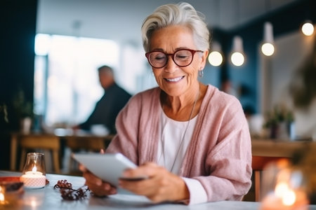 A portrait of elderly woman on her tablet. Seniors and technology concept.の素材