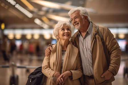 Feeling happiness. The pleasant romantic elderly couple are looking at each other with love while holding hands and carrying suitcases while going along the airport lounge.の素材