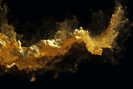 Abstract luxury shiny golden wave design element on black background. The golden color of a transparent smoky wave.の素材