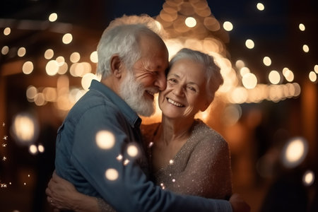 Smiling older couple hugging and kissing. Happy senior adult classy husband and wife embracing, bonding, and enjoying each other.の素材