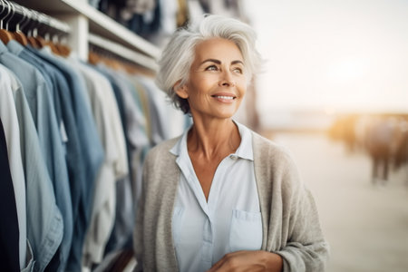 Portrait of middle-aged woman choosing new items in the mall.の素材