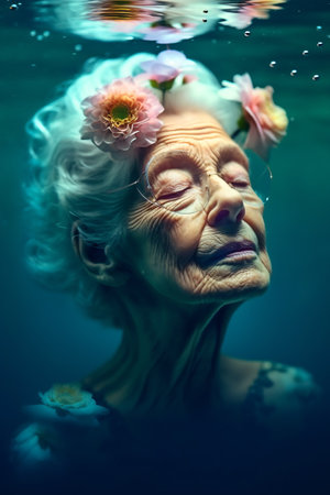 Portrait of elder beautiful woman with many flowers underwater.の素材