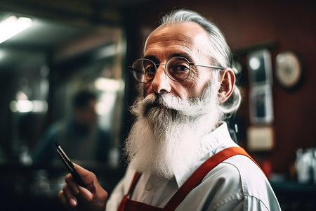 Picture of older Italian barbershop. Professional male hairstylist in salon.の素材