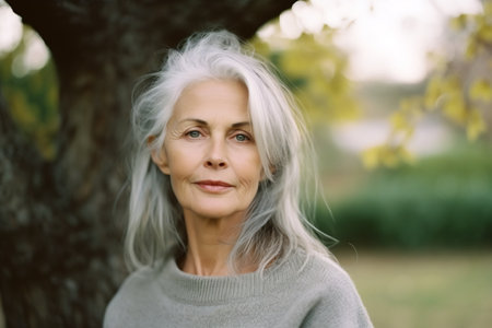 Smiling middle age grey-haired woman on the beach. Autumnの素材