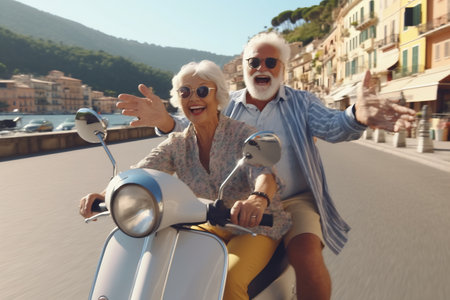 Happy mature couple riding a scooter in the city on a sunny day.の素材