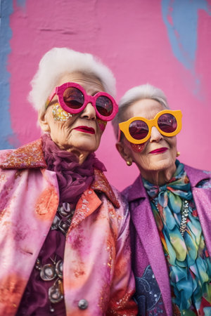 Two older women dressed in pink and wearing sunglasses. In the style of vibrant and textured. Candid moments captured.の素材