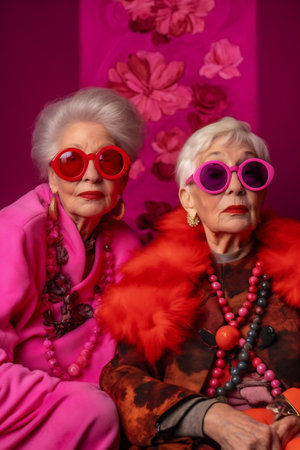 Two middle age women dressed in pink and wearing sunglasses. In the style of vibrant and textured. Candid moments captured.の素材