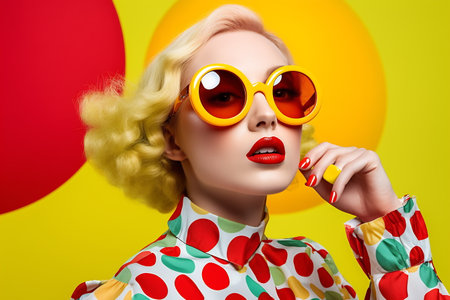 Close up fashion studio photo of an elegant blond woman in trendy red lipstick on yellow background. Vibrant colors.の素材