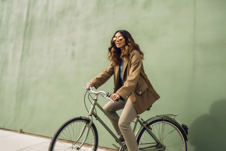 Full-length body size side profile photo of a cheerful girl riding bicycle on vibrant color background.の素材