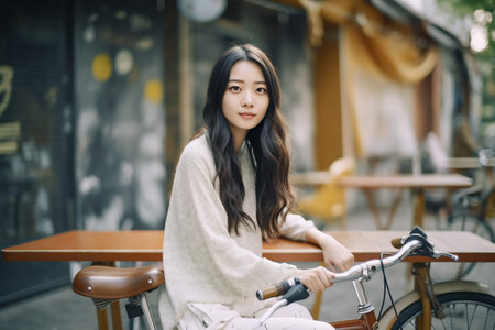 Full-length body size side profile photo of a cheerful girl riding bicycle on vibrant color background.の素材