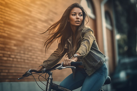 Full-length body size side profile photo of a cheerful girl riding bicycle on vibrant color background.の素材