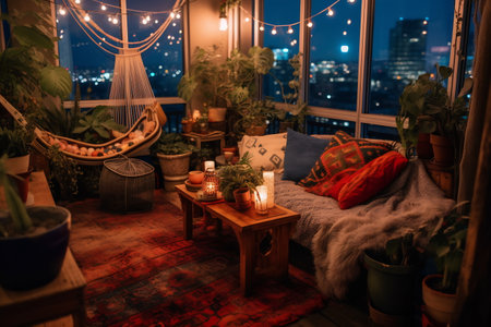 House with cozy boho ethnic interior in living room at night, pillows, cushions, green plants in a flower pot, couch or sofa and decoration at home, lighting.の素材