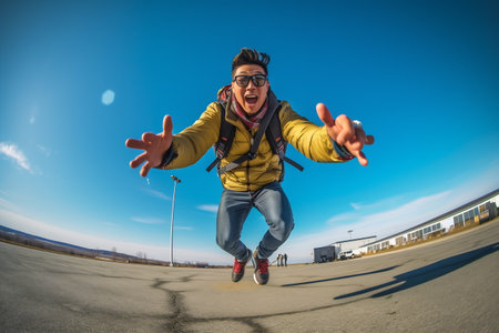 A man taking a selfie with a plane behind him.の素材