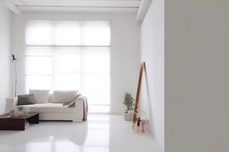 Livingroom interior wall mock up with white fabric sofa and pillows on white background with free space.の素材