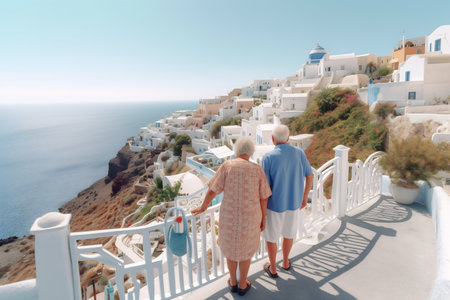 Elderly woman and man on their summer vacation walk on greek island Santorini.の素材