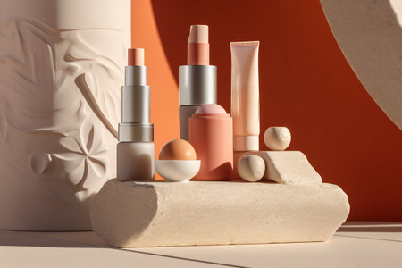 Skincare set with minimal background and shadow. Different cosmetics products are over the concrete wall with lighting and shadows. Cosmetic product presentation.の素材