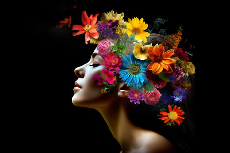 Abstract contemporary art collage portrait of a young woman with flowers on her head and hair.の素材