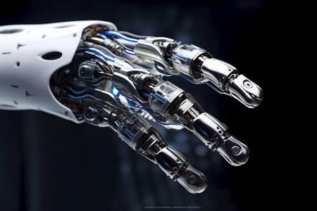 Artificial intelligence. Future technology concept - robot hand on a black background.の素材