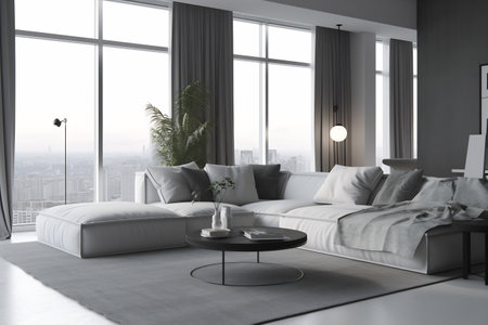 Modern minimalism style drawing-room interior with monochrome color palette.の素材