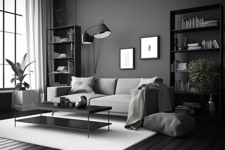 Modern minimalism style drawing-room interior with monochrome color palette.の素材