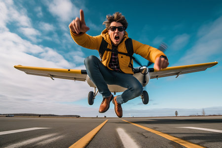 A man taking a selfie with a plane behind him.の素材