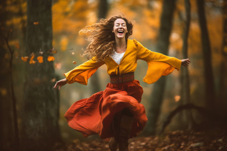 Charming girl with bright red hair joyfully dances near summer forest.の素材