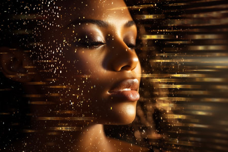 Mulatto woman face with digital matrix numbers. Artificial intelligence. AI theme with a female human face.の素材