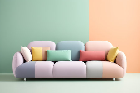 Modern pink sofa in mint green pink yellow colors. Minimal style concept. Pastel color style.の素材
