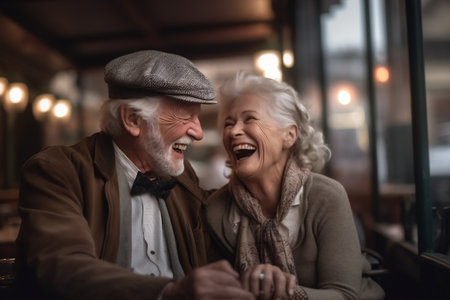 Cheerful old couple sitting at a cafe. Senior man and woman sitting at a restaurant table and smiling.の素材