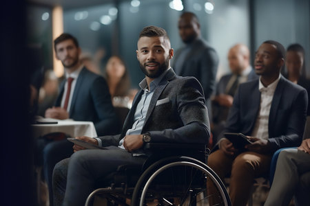 A disabled peson is sitting in a wheelchair. Nearby are his colleagues.の素材