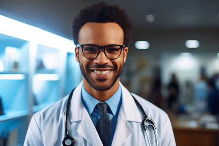 Young mulatto handsome man wearing doctor uniform and stethoscope with a happy smile. Lucky person.の素材