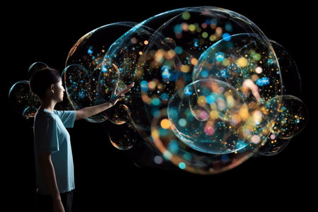 Living in information bubble concept. A person and a glowing bubbles.の素材