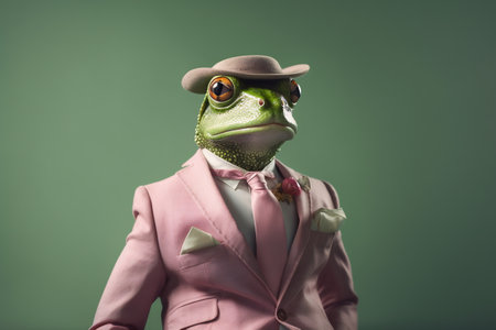 Frog in a pink jacket and tie. Dressed and standing like a businessman.の素材